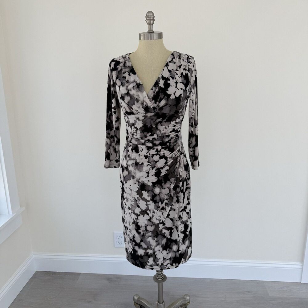 LAUREN RALPH LAUREN 3/4 Sleeve Floral Print Ruched Dress Women's SZ 8 Stretch